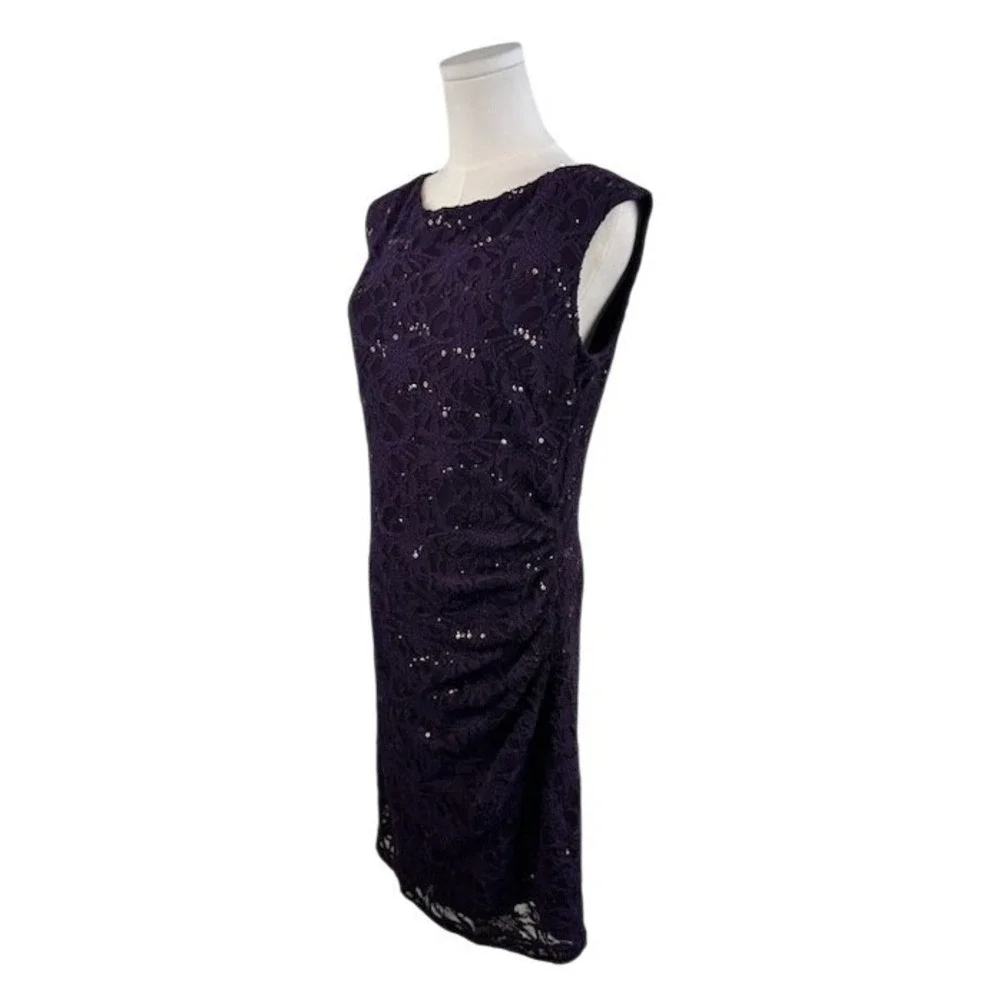 NWOT‎ Ralph Lauren Purple Lace Sequin Dress Ruched Sleeveless Cocktail Size 12
